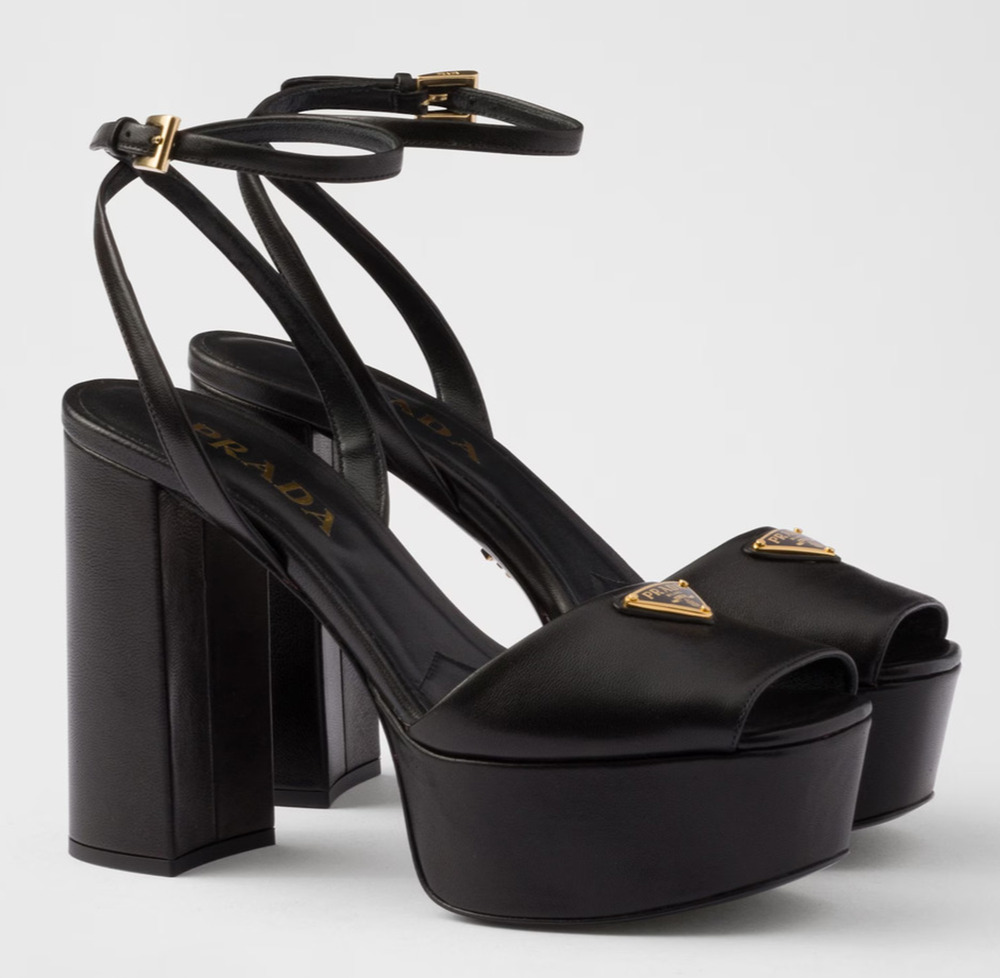 Prada Black Nappa Leather Logo Platform Sandal Ankle Strap Block Heel Pump 40.5